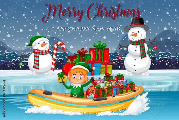 Fototapeta Merry Christmas poster with elf delivering gifts by boat