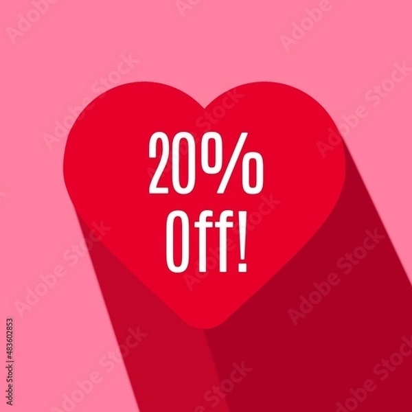 Fototapeta 20% off on a red heart on a pink background for Valentine's Day and Mother's Day. twenty percent off on a red heart.