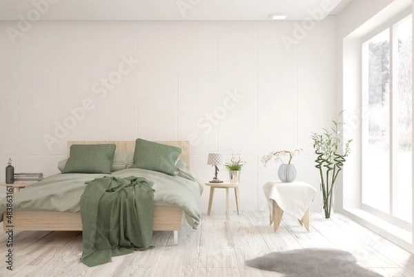 Fototapeta Soft color bedroom interior. Scandinavian design. 3D illustration