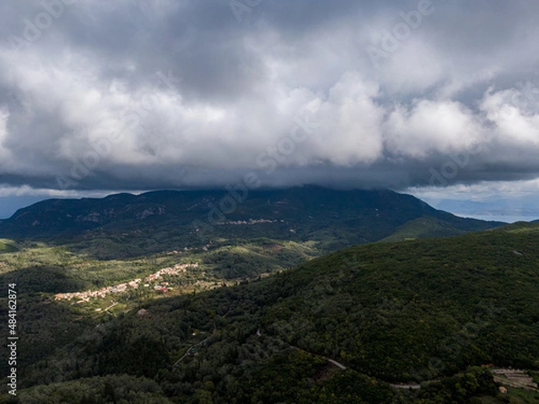 Fototapeta Aerial drone panoramic view of beautiful sokraki village in corfu island greece