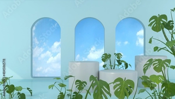 Fototapeta 3D podium render with white display and blue sky on arch wall background.