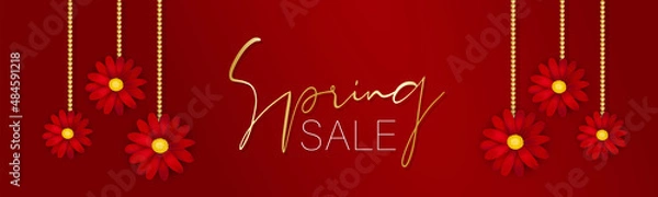 Fototapeta Spring sale banner or newsletter header. Red daisy flowers hanging on gold chain. Floral promo design concept. Vector illustration.