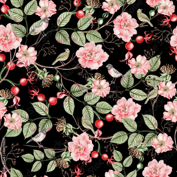 Fototapeta Beautiful watercolor seamless pattern with rose hip flowers and leaves. Illustration.