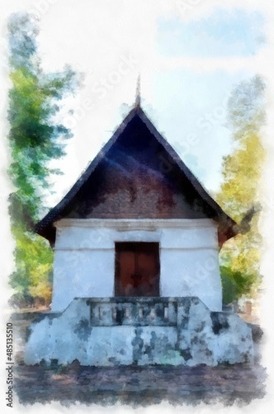 Fototapeta ancient architecture in northern Thailand watercolor style illustration impressionist painting.