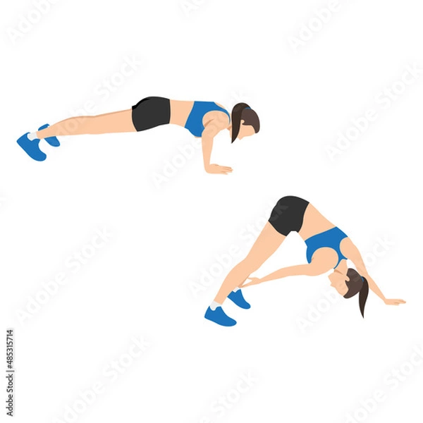 Fototapeta Woman doing Ankle tap push ups exercise. Flat vector illustration isolated on white background