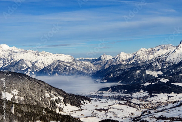 Obraz High fog over Maria Alm am Steinernen Meer - Hochkönig region - Salzburg, Austria - Views of the mountains and the valley