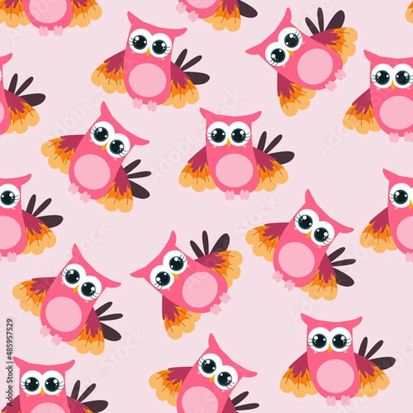 Fototapeta seamless pattern with colored owls in cartoon style