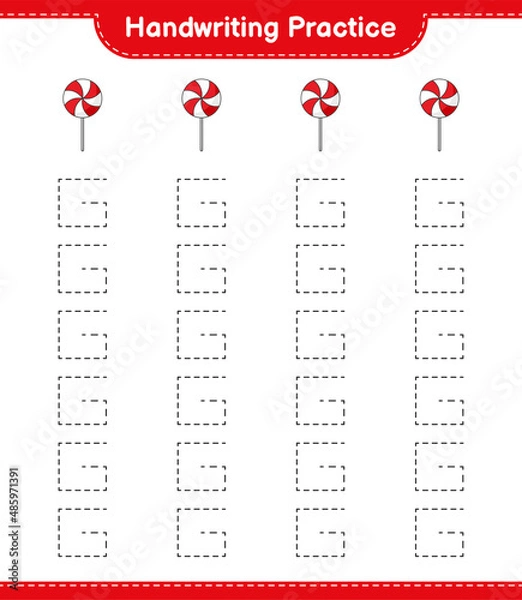 Fototapeta Handwriting practice. Tracing lines of Candy Educational children game, printable worksheet, vector illustration