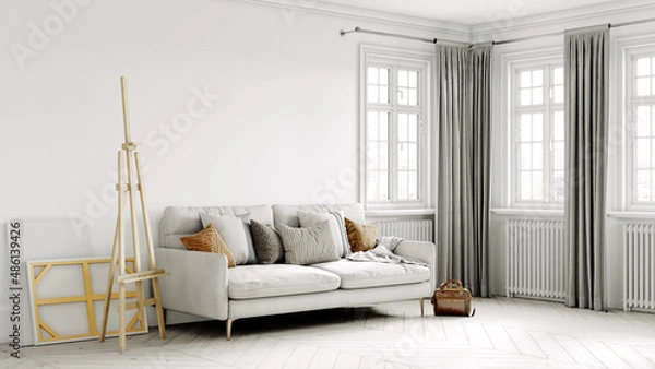 Fototapeta Beautiful interior of a modern room. Bright and clean design. A sofa standing by a large window against a wall background. 3D rendering