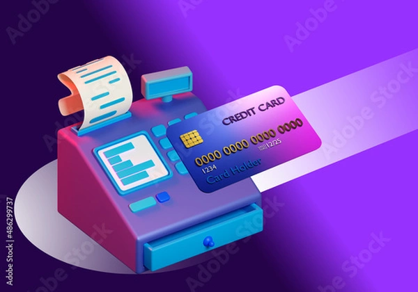 Fototapeta Banking acquiring concept. Acquiring payments made by credit cards. Cash registers bank card on purple. Apparatus for receiving non-cash payments. Cashless payment processing services. 3d rendering.