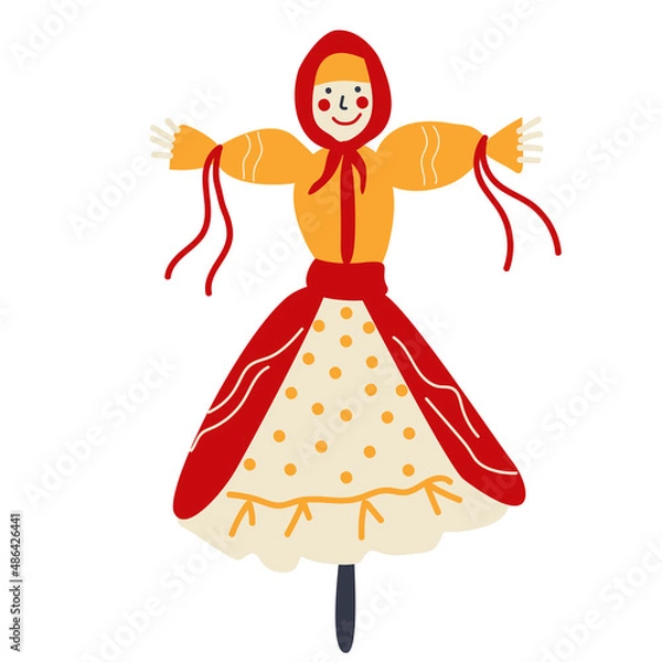 Obraz A stuffed straw man in a traditional Maslenitsa outfit. Russian traditions. Vector isolated illustration on a white background