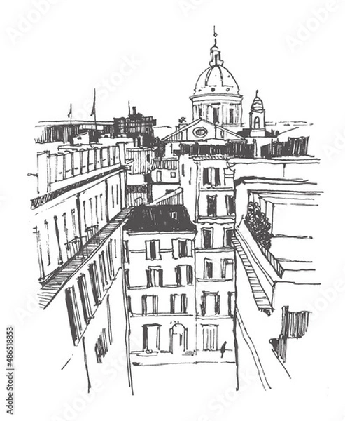 Fototapeta Travel sketch of Rome. Liner sketches architecture of Italy Rome. Graphic illustration. Sketch in black color isolated on white background. Hand drawn travel postcard. Freehand drawing.