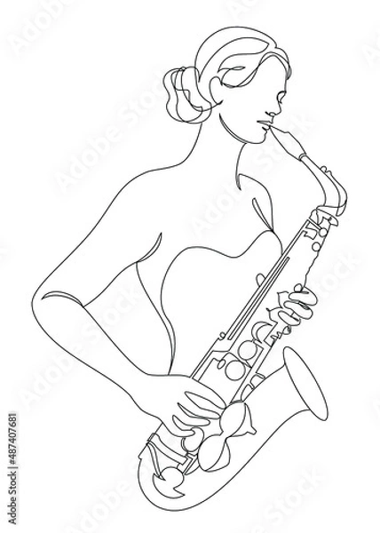 Fototapeta Silhouette of beautiful woman playing saxophone in continuous line modern style. Saxophonist girl, slim. Aesthetic decor sketches, posters, stickers, logo. set of vector illustrations.