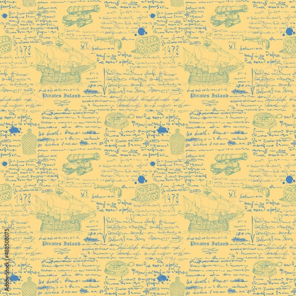 Fototapeta Vector image of a seamless texture for printing on fabric and paper in the style of a medieval marine record, sketch, engraving of the captain's diary font lorem ipsum