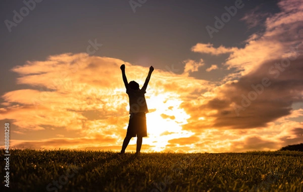 Fototapeta Happy inspired little boy raising his fist up to the sunset sky 