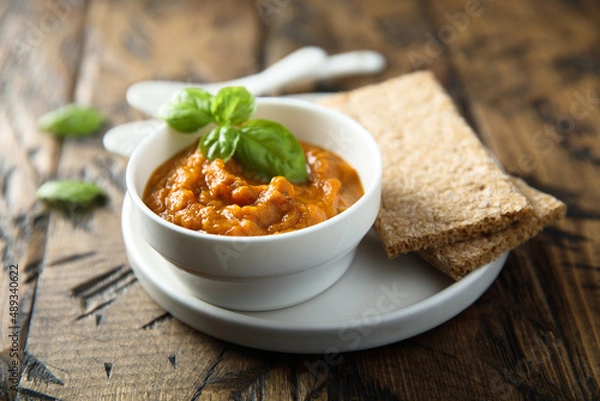 Obraz Homemade roasted vegetables dip with fresh basil