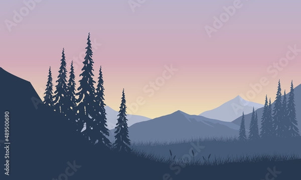 Fototapeta Realistic mountain view at dusk at the edge of the forest with the silhouettes of pine trees all around