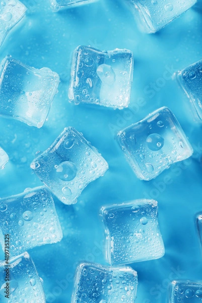 Fototapeta Ice cubes with water drops scattered on a blue background, top view