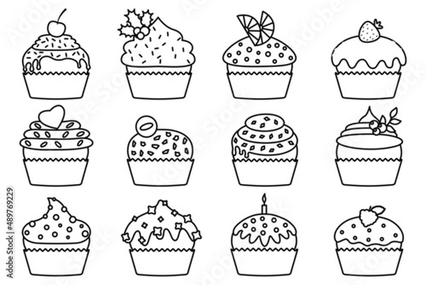 Fototapeta Cupcakes with cream and chocolate set. Sweet muffin collections decorated with cherry, blackberry and mint, candle, lemon, cookie, strawberry. Pastries sprinkled with tasty crumbs. Vector illustration