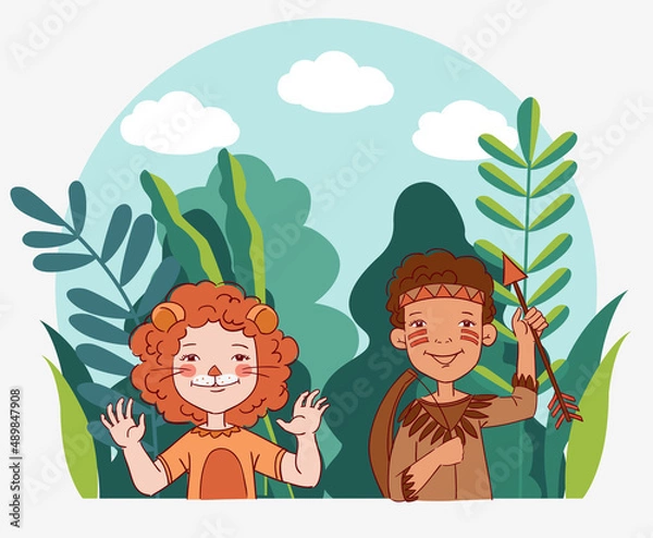 Fototapeta Cute kids in carnival costumes. Vector illustration
