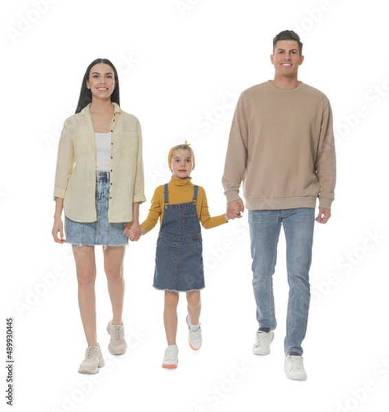 Fototapeta Little girl with her parents together on white background