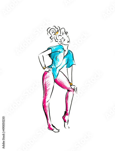 Fototapeta One woman in sportswear and pose of retro 80s aerobics, fashion sketch color illustration isolated on white background