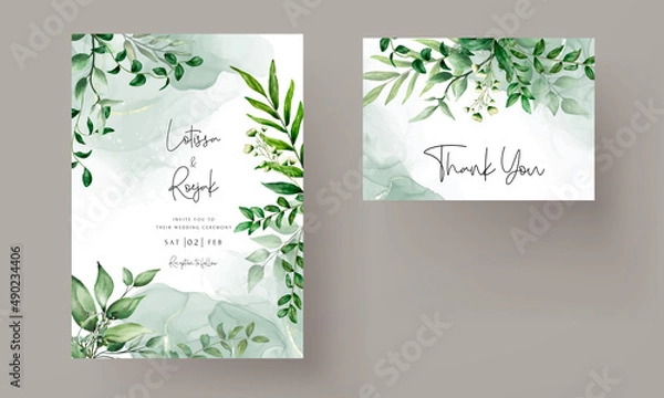 Fototapeta elegant hand drawn greenery leaves watercolor wedding invitation card