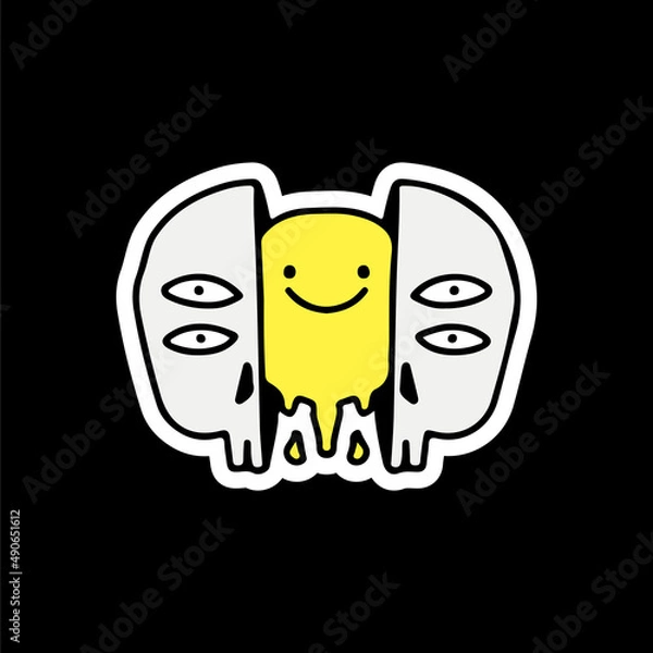 Fototapeta Four eyes skull head with melt smile face inside. Illustration for street wear, t shirt, poster, logo, sticker, or apparel merchandise. Retro and pop art style.