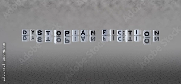 Fototapeta dystopian fiction word or concept represented by black and white letter cubes on a grey horizon background stretching to infinity