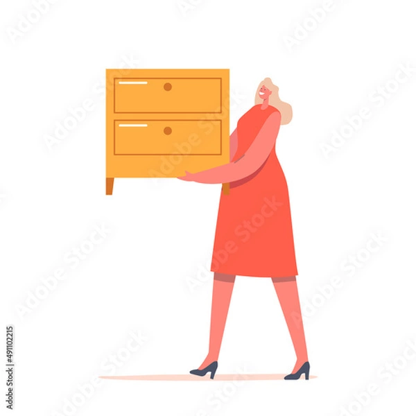 Fototapeta Female Character Carry Wooden Dresser Isolated on White Background. Graphic Designer or Furniture Store Promoter