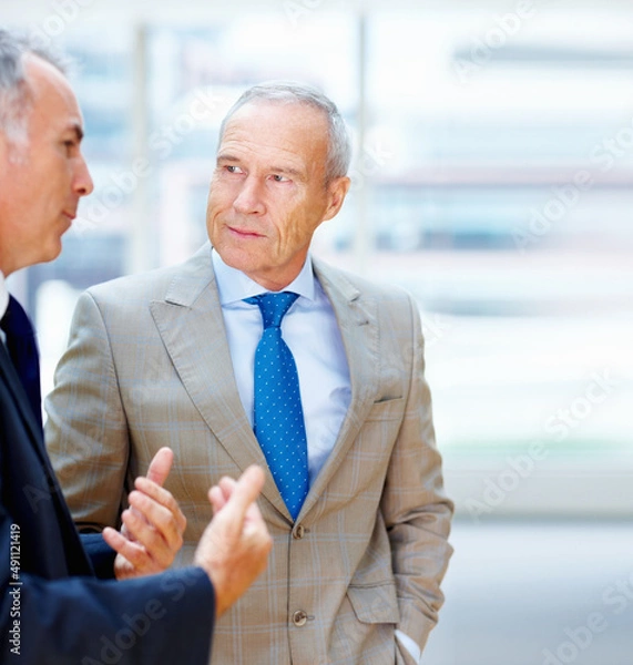 Fototapeta Two senior executives conversing. Two senior business men having discussion indoors.