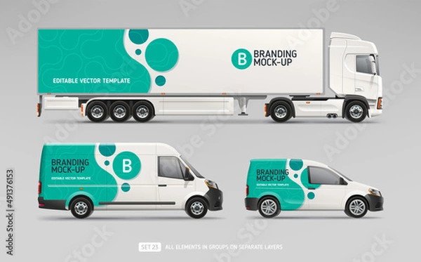 Fototapeta Company Van,  Truck, Delivery Car with blue-green branding design mock-up set. Abstract geometric graphics design for Business Corporate identity. Company Cars. Delivery Transport mockup