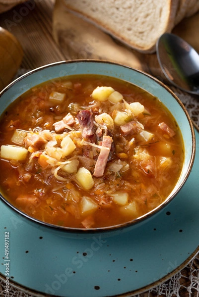 Fototapeta Traditional cabbage soup.