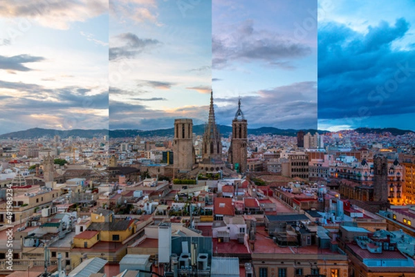 Fototapeta Barcelona Cathedral photo montage. Split image, same landscape with different light. Same shot at different hour.