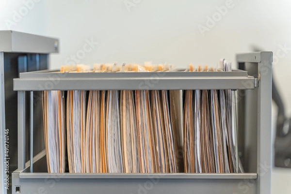 Fototapeta Hanging files in filling cabinet in an office at work