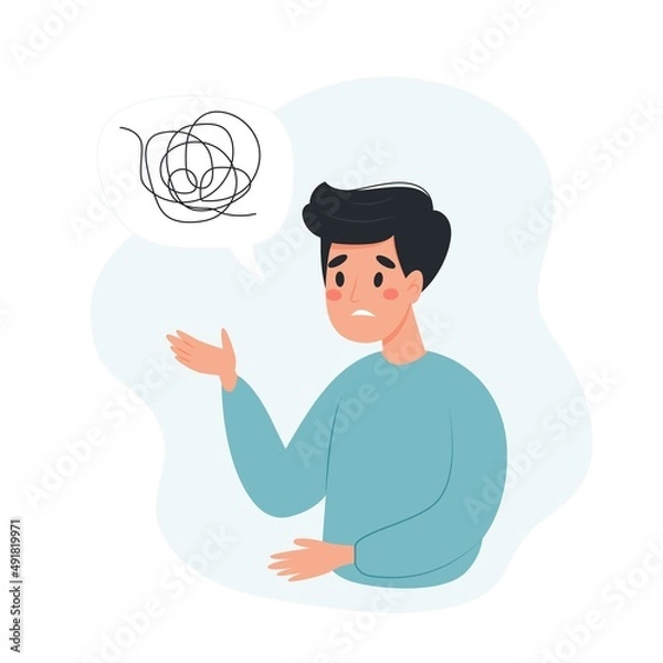 Fototapeta Mental health concept - man talking to about his problems, confused thoughts. Vector illustration in flat style