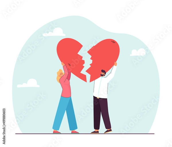 Fototapeta Happy tiny cartoon couple holding two halves of broken heart. Man and woman fixing heart together flat vector illustration. Relationship, love, breakup concept for banner or landing web page