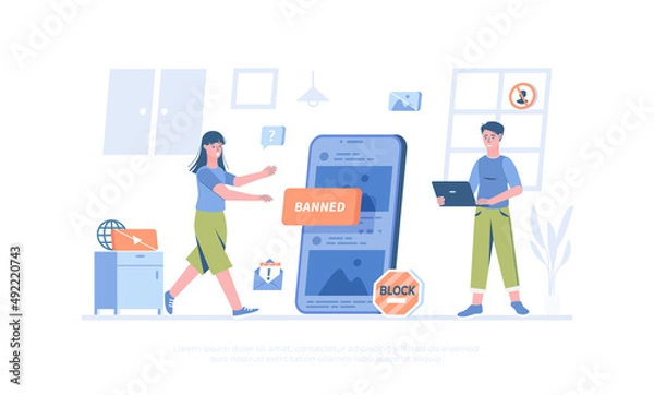 Fototapeta Blocking, banned user account on social media. Error, Access is denied. Account safety and secure. Cartoon modern flat vector illustration for banner, website design, landing page.