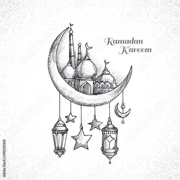 Fototapeta Ramadan kareem islamic moon and mosque sketch card background