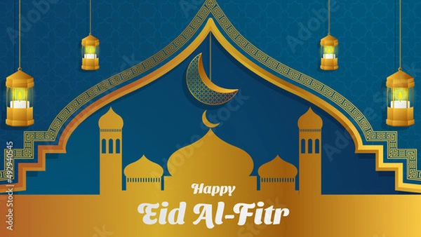 Fototapeta Happy eid al-fitr background in gold and blue color. islamic vector illustration