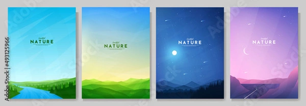 Fototapeta Vector illustration. Abstract background set. Minimalist style. Flat concept wallpapers. Landscape collection. Design for poster, book or magazine cover, layout, brochure. Nature scene with clear sky