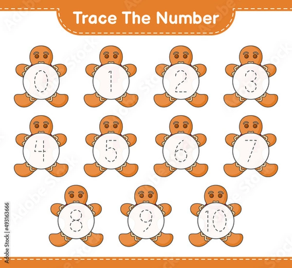 Fototapeta Trace the number. Tracing number with Gingerbread Man. Educational children game, printable worksheet, vector illustration