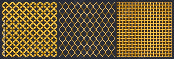 Fototapeta Gold metal grid or mesh texture, seamless pattern of golden realistic 3d vector brass or copper fence with joined links. Square yellow lattice samples graphic design elements, grate, jewel background