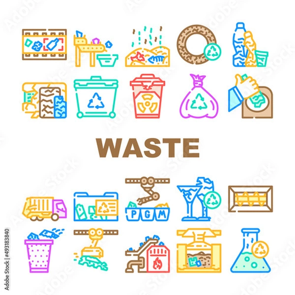 Fototapeta Waste Sorting Conveyor Equipment Icons Set Vector. Chemical Hazardous, Technique And Organic Waste Sorting, Transportation, Recycling And Incineration. Trash Container And Bag Color Illustrations