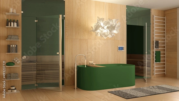 Fototapeta Modern wooden spa room in green tones, bathroom, wellness center with bathtub, sauna room with glass doors, rack with towels, shelves, carpet, pendant lamp. Interior design concept