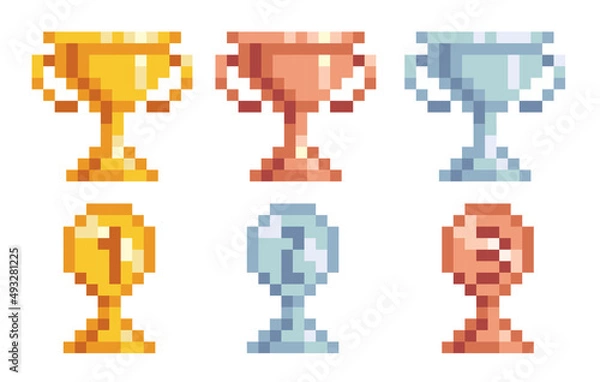 Obraz Winner cups: gold, silver and bronze pixel art icon set. First, second and third place trophies logo collection. 8-bit sprite. Game development, mobile app.  Isolated vector illustration.