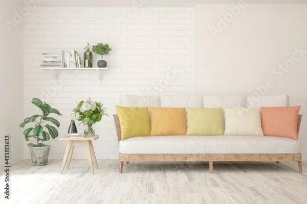 Obraz Modern living room in white color with sofa. Scandinavian interior design. 3D illustration