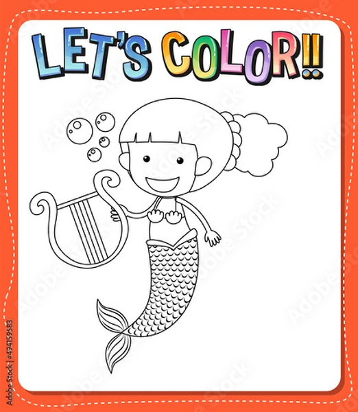 Fototapeta Worksheets template with lets color text and mermaid outline