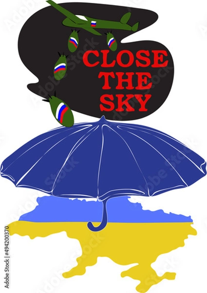 Fototapeta War in Ukraine. Russian invasion. Close the sky over Ukraine. Map in yellow and blue, rockets, airplanes