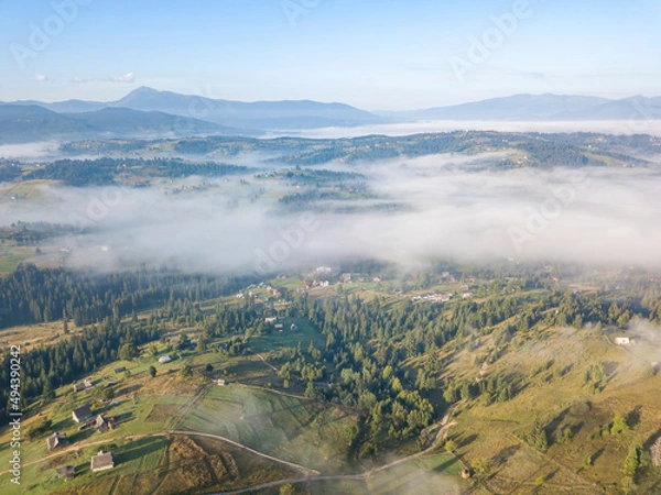 Fototapeta Morning fog in the Ukrainian Carpathians. Aerial drone view.